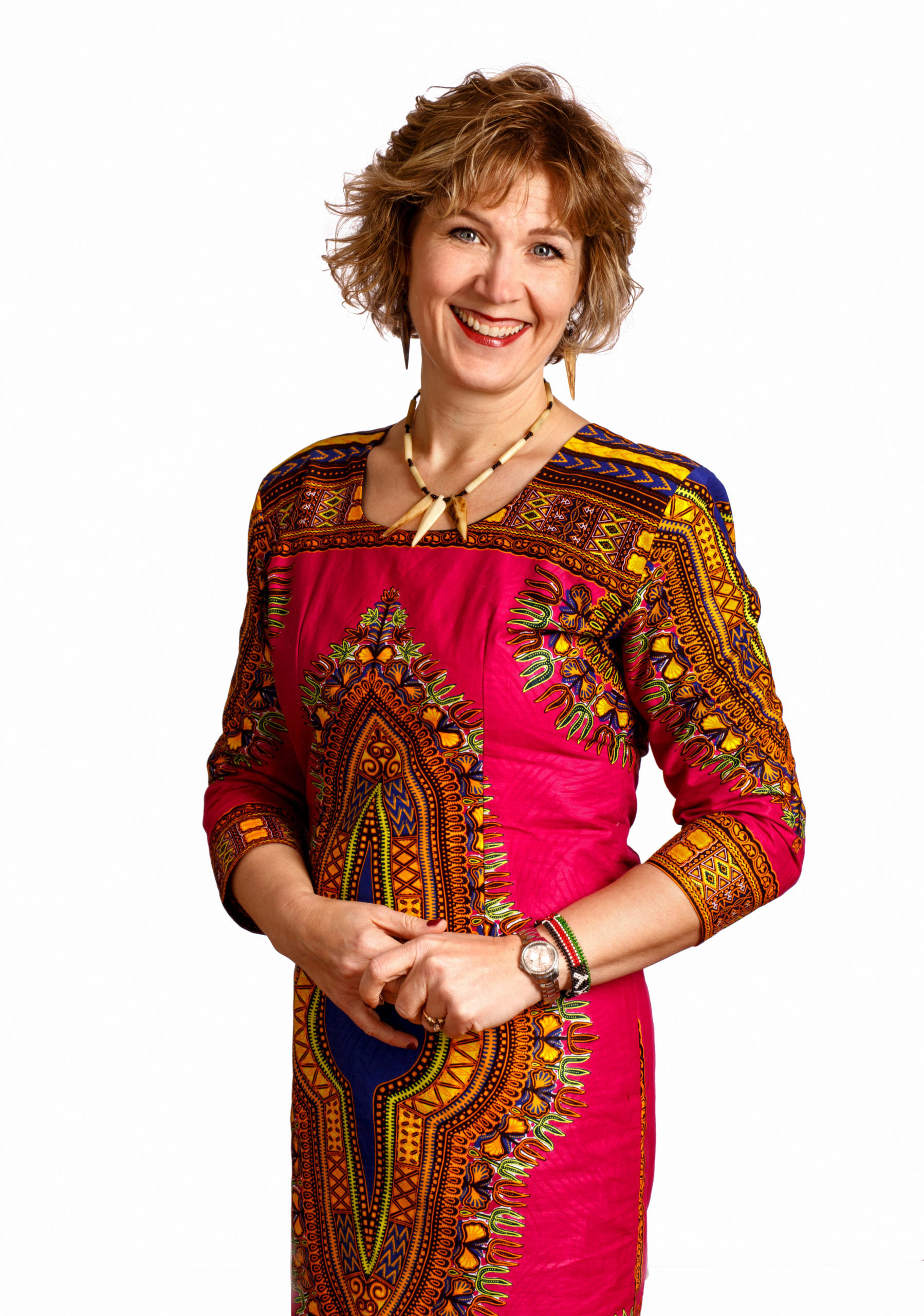 Becky Rogers wearing African dress